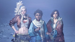 Monster Hunter Wilds screenshot showing three characters next to each other: tall lady with blonde hair, a young boy with dark hair, and a lady in glasses