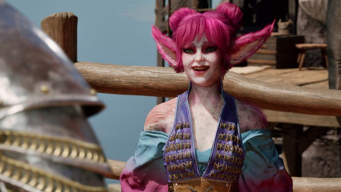 The brightly coloured Orlan companion character Yatzli in Avowed. She's bursting with cheeky humour and has bright pink hair. She is this game personified.