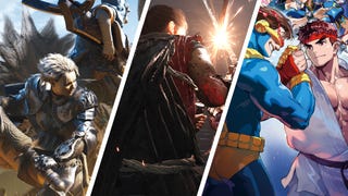 An image split into three diagonal strips, each showing art from Monster Hunter Wilds, Onimusha Way of the Sword, and Marvel vs. Capcom Fighting Collection.