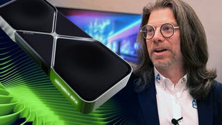 Nvidia's Bryan Catanzaro with a GeForce RTX 50-series graphics card