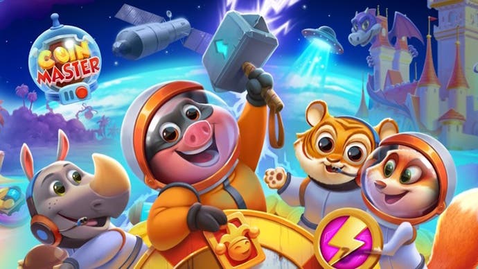 Coin Master's Foxy, Tiger, Rhino, and the game's main character in space.