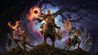 Artwork for Diablo 4 Season of Witchcraft showing three magical characters on background with dark tree and moody figures