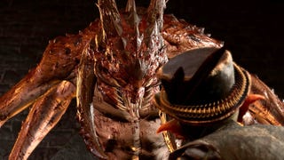 A huge, spiny, tusked, toothed monstrosity faces the camera. Facing it and looking up from beneath is a small, top-hatted character with pointy ears. It's Baldur's Gate 3's demon butler looking upon the Slayer.