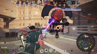 A player shoots at an enemy patron robot in Deadlock.