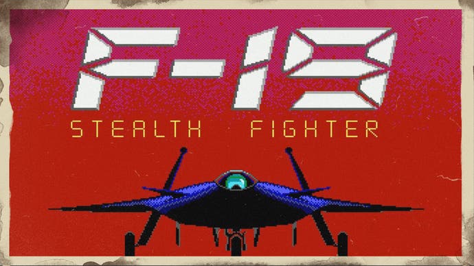 Key art from the old game F-19 Stealth Fighter, showing the game's title in big lettering above a nose-on depiction of the small nimble craft itself. It's shrouded in shadow. It is a stealth fighter after all.