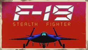Key art from the old game F-19 Stealth Fighter, showing the game's title in big lettering above a nose-on depiction of the small nimble craft itself. It's shrouded in shadow. It is a stealth fighter after all.