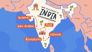 A stylised map of India, showing a trail of cities across the country.