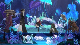 A young girl sits on a bench in an ethereal forest surrounded by robotic companions in Ender Magnolia: Bloom in the Mist.