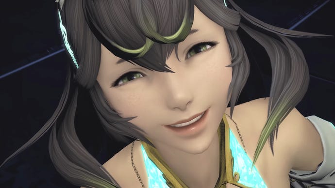 Extreme close-up of Sphene smiling from Final Fantasy 14 Seekers of Eternity trailer