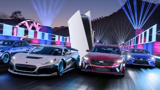 A Forza Horizon 5 screenshot showing several cars hurtling along a neon-lit racetrack at night, while a Photoshopped PS5 toddles along behind them.