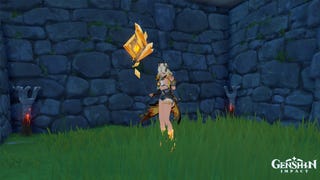 A character in Genshin Impact standing by the location of a Geoculus, with the item floating nearby.