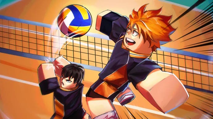 Artwork for the Roblox game Haikyuu Legends showing two anime-inspired characters playing a volleyball match.