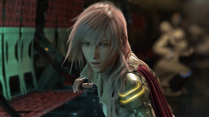 Screenshot of pink-haired Lightning in CGI scene from Final Fantasy 13
