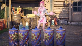 Nikki dancing behind unlit Portable Fireworks in Infinity Nikki.