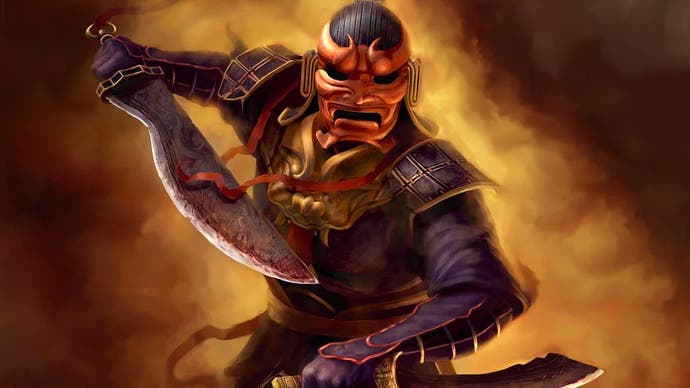 A Chinese-inspired warrior in full battle gear and a demon-like mask lunches for the camera, holding two machete-like blades. I'd run.