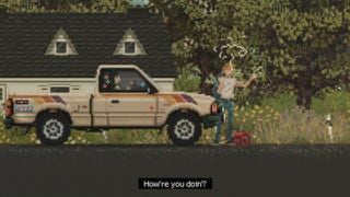 A pickup truck is pulled over in front of a house in Keep Driving.