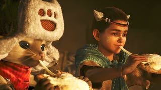 Monster Hunter Wilds trailer screenshot showing cat and young child eating stretchy cheese