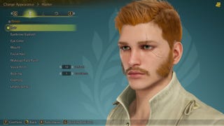 A screenshot showing a red-headed male hunter with a moustache and pork chop sideburns in Monster Hunter Wilds' character editor.
