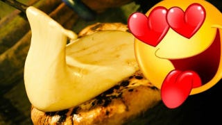 Monster Hunter Wilds cheese naan being prepared with a yellow face emoji with love heart eyes and its tongue out overlayed on top