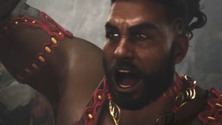 Monster Hunter Wilds screenshot showing a male character with his mouth open as he yells. His fist is in the air