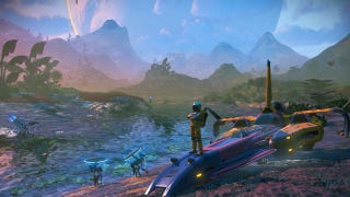 A No Man's Sky screenshot, showing a pilot standing on the elongated nose of their small and colourful craft, which has landed on a sort of beach or lagoon. In the background are purple and turquoise mountains. It's sci-fi lush.