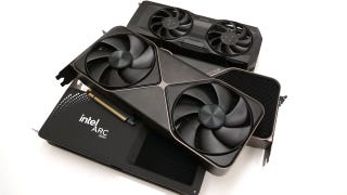 pile of graphics cards: arc b580, rx 7800 xt, rtx 5080, rtx 5090