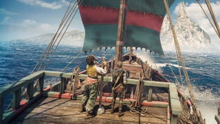 Two characters on a 14th century ship sail towards a rocky island in the distance.