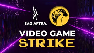 SAG-AFTRA logo with "Video Game Strike" written out on black and purple background
