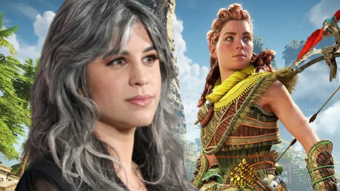Screenshot from Horizon Forbidden West showing Aloy on the beach with an image of her actress Ashly Burch overlayed on top and to one side