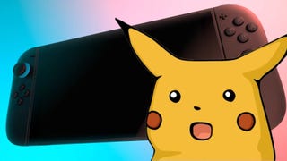 Shocked Pikachu meme overlayed on a Switch 2 console