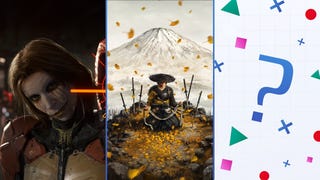 Collage of three images from left to right: Higgs Monaghan of Death Stranding 2; Ghost of Yotei's Protagonist; and a big PlayStation themed question mark.