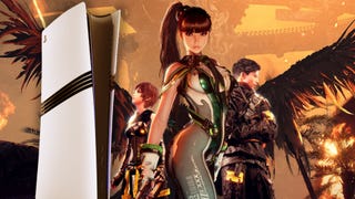 stellar blade protagonist standing in front of a menacingly large PS5 Pro