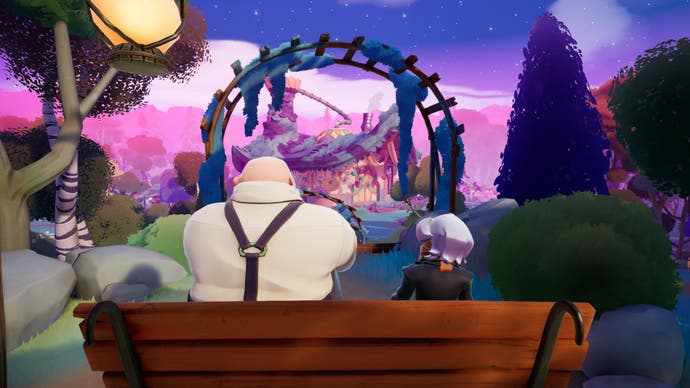 Wanderstop screenshot showing Alta and Boro on a bench from behind, looking out over the tea shop and clearing