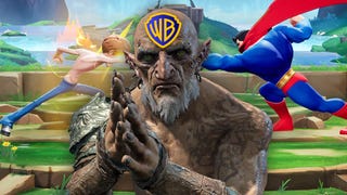 An image of the hand-rubbing microtransactions orc from Shadow of War, with WB logo on his forhead, overlayed on Shaggy punching Superman in MultiVersus.