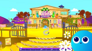 A skeleton snake stands in front of a flower shop in a desert scene made from cardboard in Kulebra and the Souls of Limbo. The Eurogamer Wishlisted logo is in the bottom right corner of the image.